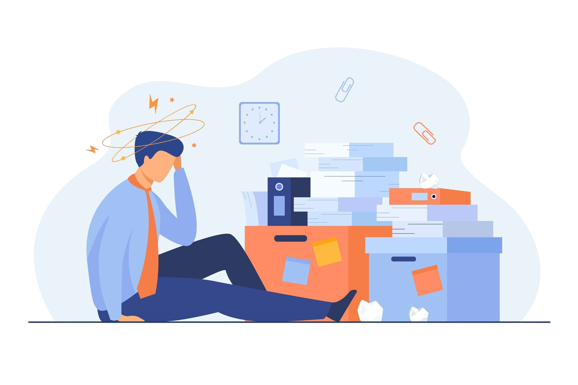 Illustration of an individual overwhelmed by tax paperwork